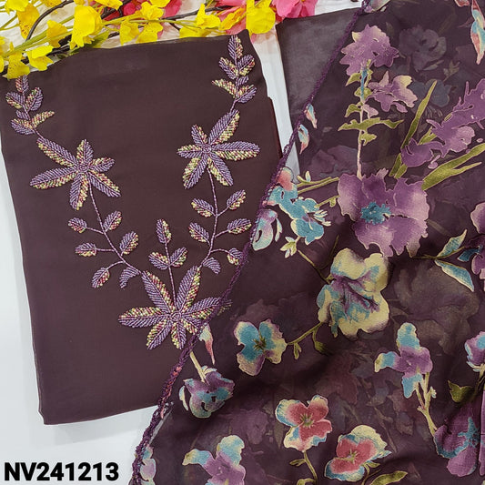 CODE NV241213 : Deep wine purple semi georgette unstitched salwar material, bead work on yoke(thin fabric, lining needed)matching silky fabric provided for both bottom& lining, brasso chiffon full length dupatta.