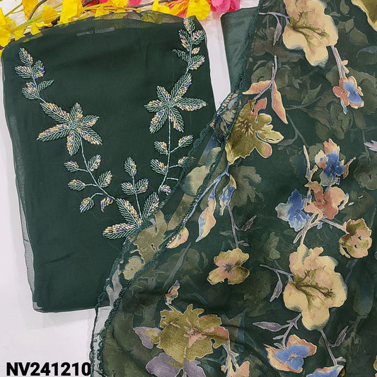 CODE NV241210 : Dark green semi georgette unstitched salwar material, bead work on yoke(thin fabric, lining needed)matching silky fabric provided for both bottom& lining, brasso chiffon full length dupatta.