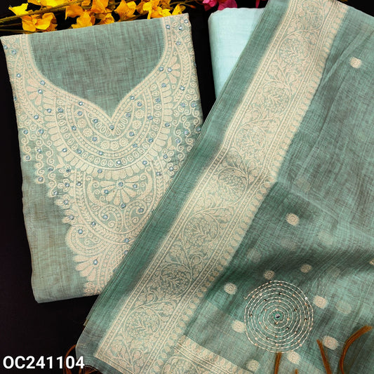 CODE OC241104 : Pastel blue jamdani woven premium silk cotton unstitched salwar material, faux mirror work on yoke(lining needed)matching thin cotton fabric provided for lining, NO BOTTOM, jamdani woven premium silk cotton full length dupatta.