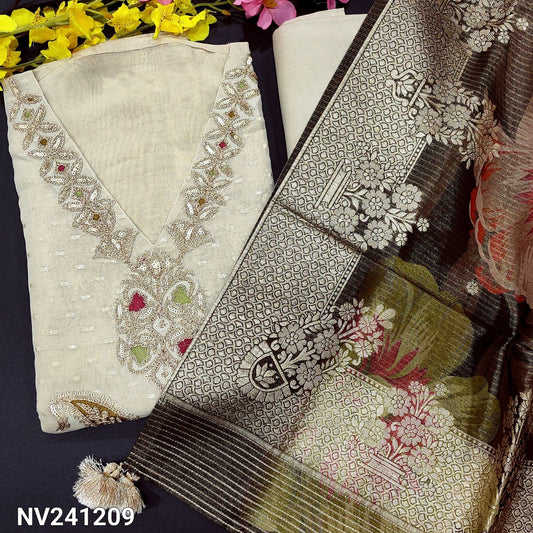 CODE NV241209 : Rich beige designer pure tissue organza silk unstitched salwar material, v neck with heavy zari work, zari buttas on front(thin fabric, lining needed)matching santoon bottom, digital printed tissue organza silk dupatta with rich borders.