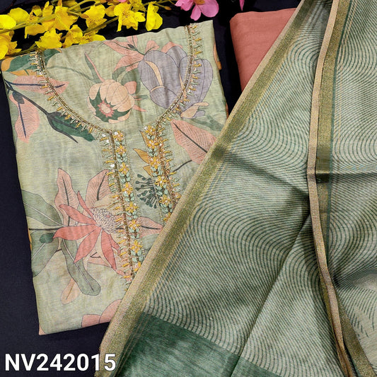 CODE NV242015 : Pastel green designer printed premium silk cotton unstitched salwar material, thread, bead& sequin work on yoke(thin fabric, lining needed)peach santoon bottom, abstract printed premium silk cotton dupatta.