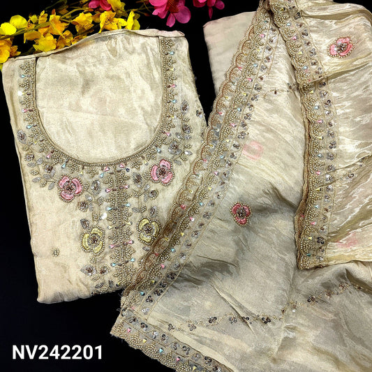 CODE NV242201 : Ivory with golden tint designer premium tissue organza silk unstitched salwar material, heavy work on yoke& front(shiny fabric, lining needed)matching santoon bottom, tissue organza silk dupatta with heavy work& scallop edges.