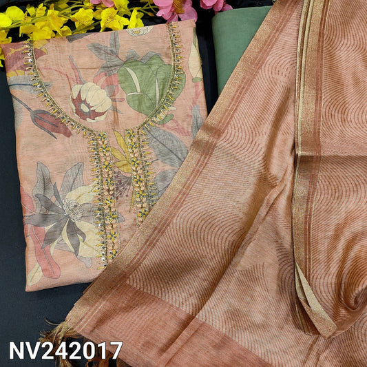 CODE NV242017 : Pastel peach designer printed premium silk cotton unstitched salwar material, thread, bead& sequin work on yoke(thin fabric, lining needed)green santoon bottom, abstract printed premium silk cotton dupatta.