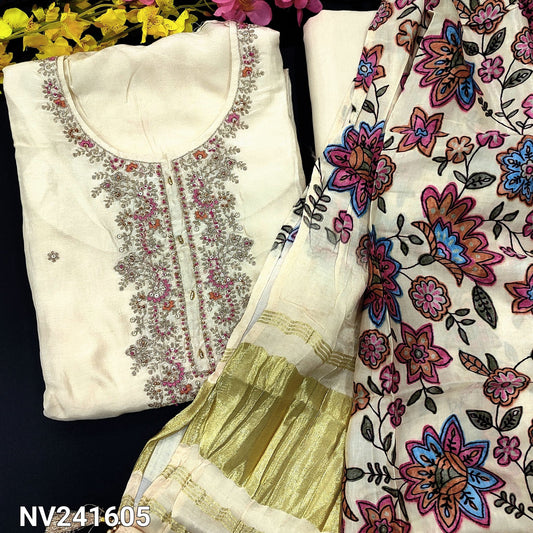 CODE NV241605 : Ivory designer pure dola silk unstitched salwar material, bead, zari& sequins work on yoke(silky fabric, lining needed)matching santoon bottom, floral printed gajji silk dupatta with gold tissue pallu.