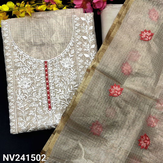 CODE NV241502 : Golden beige tissue kota unstitched salwar material, heavy embroidered on yoke, panel pattern embroidered on front(netted fabric, lining needed)matching silky bottom, embroidered tissue kota dupatta with tassels.