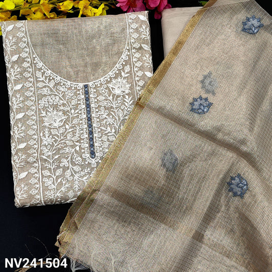 CODE NV241504 : Golden beige tissue kota unstitched salwar material, heavy embroidered on yoke, panel pattern embroidered on front(netted fabric, lining needed)matching silky bottom, embroidered tissue kota dupatta with tassels.