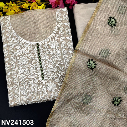 CODE NV241503 : Golden beige tissue kota unstitched salwar material, heavy embroidered on yoke, panel pattern embroidered on front(netted fabric, lining needed)matching silky bottom, embroidered tissue kota dupatta with tassels.