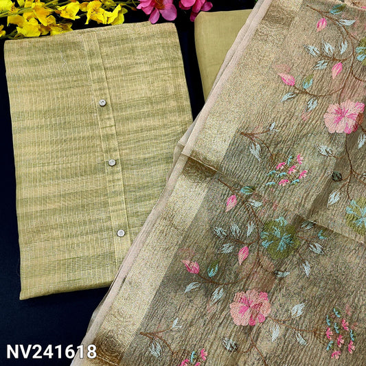 CODE NV241618 : Light mehandhi yellow with golden tint tissue silk cotton unstitched salwar material, fancy buttons on yoke(thin, lining needed)matching santoon bottom, embroidered crinkled tissue silk cotton dupatta with zari woven borders& tassels.