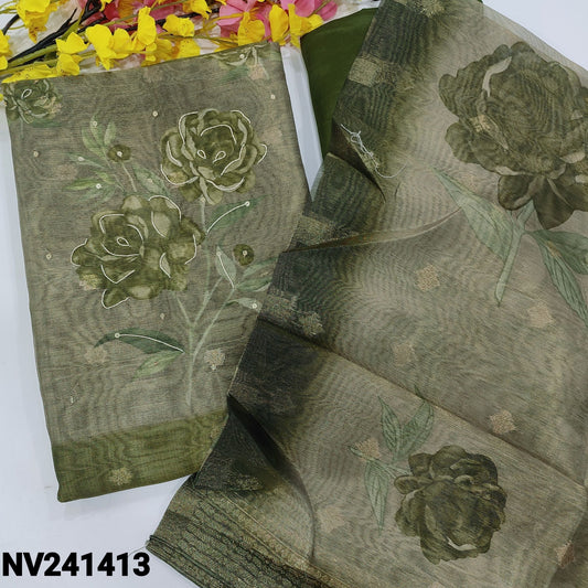 CODE NV241413 : Olive green with golden tint tissue silk cotton unstitched salwar material, floral printed yoke with sequins& zardozi work, zari buttas all over(lining needed)matching silky bottom, floral printed tissue silk cotton dupatta.