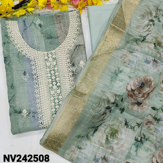 CODE NV242508 : Multi color printed semi linen unstitched salwar material, embroidered& sequins work on yoke(textured fabric, lining needed)pale blue cotton bottom, floral printed semi linen dupatta with sequins& zari woven borders.