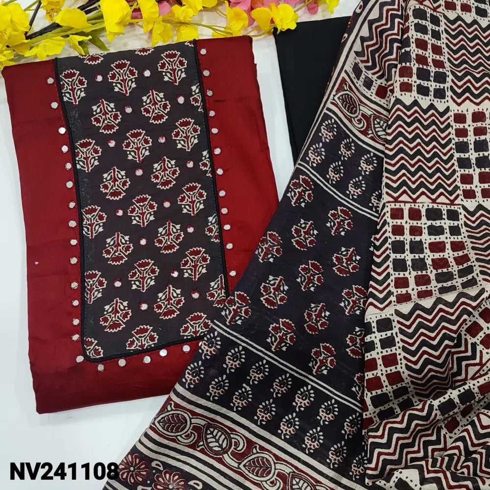 CODE NV241108: Maroon satin cotton unstitched salwar material printed &faux mirror work on yoke(lining optional)black