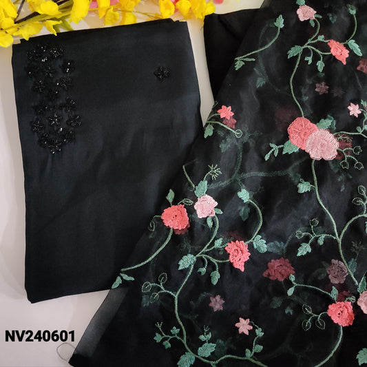 CODE NV240601 : Black fancy silk cotton unstitched salwar material, bead work on front(silky fabric, lining needed)matching santoon bottom, embroidered fancy organza dupatta.