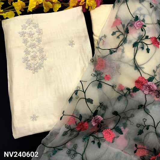 CODE NV240602 : Half white fancy silk cotton unstitched salwar material, bead work on front(silky fabric, lining needed)matching santoon bottom, embroidered fancy organza dupatta.