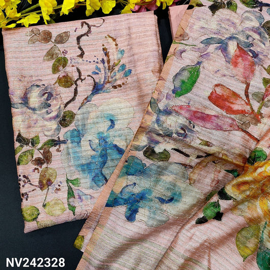 CODE NV242328 : Pasel pink premium jute silk unstitched salwar material, bead& faux mirror work on yoke(thin fabric, lining needed)floral printed& zari work on daman, matching  spun cotton bottom, floral printed jute silk dupatta with zari work.