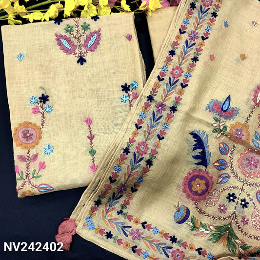 CODE NV242402 : Light beige digital printed pure linen unstitched salwar material, heavy hand embroidered on front(thin, lining needed)matching drum dyed cotton fabric provided for lining, NO BOTTOM,  heavy hand embroidered pure linen dupatta.