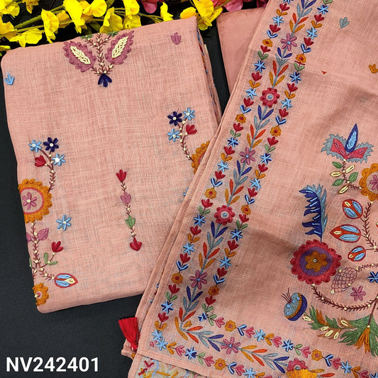 CODE NV242401 : Pastel pink digital printed pure linen unstitched salwar material, heavy hand embroidered on front(thin, lining needed)matching drum dyed cotton fabric provided for lining, NO BOTTOM,  heavy hand embroidered pure linen dupatta.