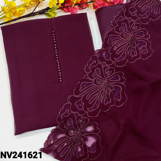 CODE NV241621 : Beetroot purple semi georgette unstitched salwar material, potli buttons on yoke(thin fabric, lining needed)matching silky fabric provided for both bottom& lining, semi georgette full length dupatta with applique work& scallop edges.