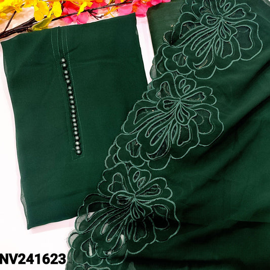 CODE NV241623 : Bottle green semi georgette unstitched salwar material, potli buttons on yoke(thin fabric, lining needed)matching silky fabric provided for both bottom& lining, semi georgette full length dupatta with applique work& scallop edges.