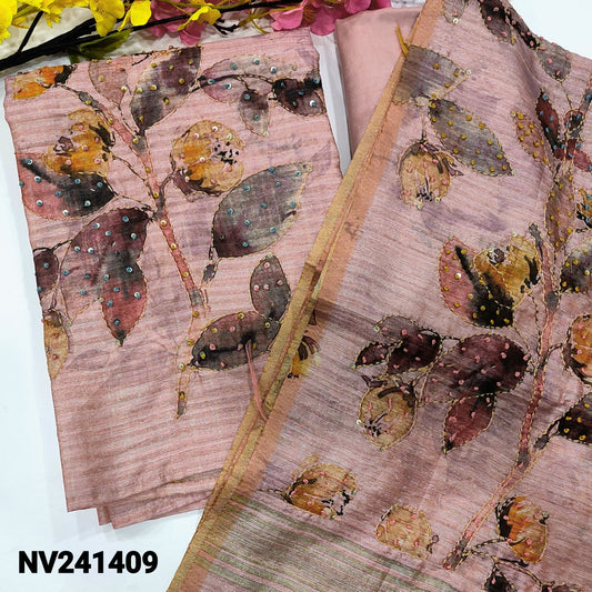 CODE NV241409 : Pastel pink printed premium jute unstitched salwar material, hand embroidered &sequins work on yoke and front(lining needed)matching santoon bottom, pure jute silk dupatta with heavy hand embroidered& tassels.