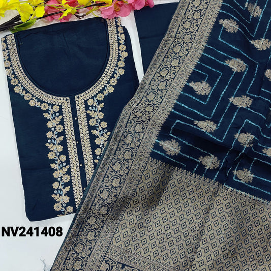 CODE NV241408 : Dark blue pure dola silk unstitched salwar material, zari& sequins work on yoke(shiny fabric, lining needed)matching bottom, bandhini printed pure dola silk dupatta with rich zari buttas& pallu.