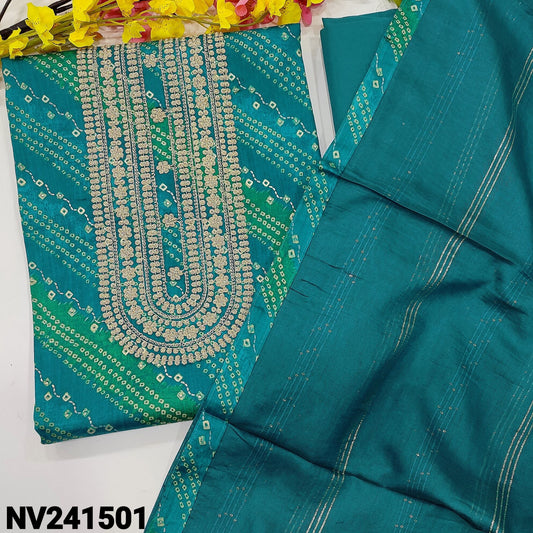 CODE NV241501 : Dark turquoise blue bandhini printed satin cotton unstitched salwar material, rich zari work on yoke(lining optional)matching cotton bottom, soft silk cotton dupatta with zari woven lines& sequins work.