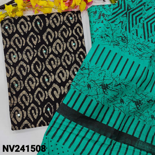 CODE NV241508 : Black base original batik dyed pure cotton unstitched salwar material, faux mirror work on front(lining optional)turquoise blue printed cotton bottom, printed pure soft cotton dupatta(REQUIRES TAPIGNS).