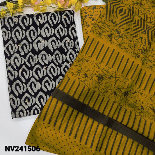 CODE NV241506 : Black base original batik dyed pure cotton unstitched salwar material, faux mirror work on front(lining optional)yellow printed cotton bottom, printed pure soft cotton dupatta(REQUIRES TAPIGNS).