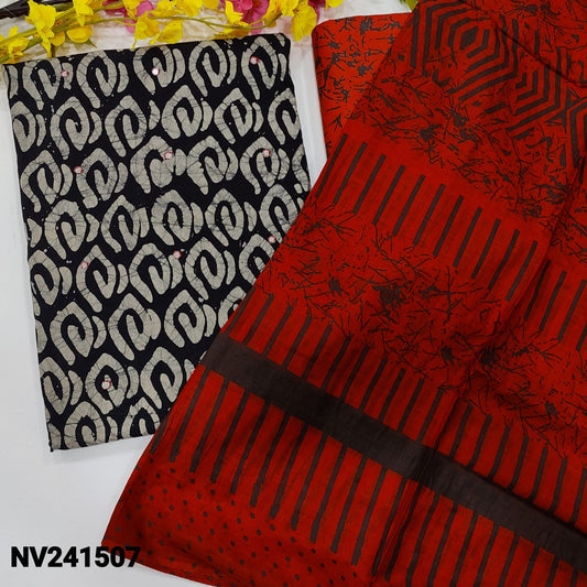 CODE NV241507 : Black base original batik dyed pure cotton unstitched salwar material, faux mirror work on front(lining optional)red printed cotton bottom, printed pure soft cotton dupatta(REQUIRES TAPIGNS).