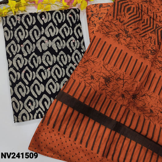 CODE NV241509 : Black base original batik dyed pure cotton unstitched salwar material, faux mirror work on front(lining optional)orange printed cotton bottom, printed pure soft cotton dupatta(REQUIRES TAPIGNS).