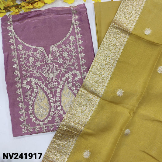 CODE NV241917 : Purple with golden tint tissue organza silk unstitched salwar material, thread, zari& sequins work on yoke(shiny fabric, lining needed)light mehandhi yellow santoon bottom, tissue organza dupatta with banarasi zari woven buttas& borders.