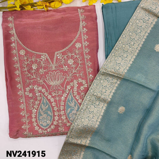 CODE NV241915 : Pastel pink with golden tint tissue organza silk unstitched salwar material, thread, zari& sequins work on yoke(shiny fabric, lining needed)pastel blue santoon bottom, tissue organza dupatta with banarasi zari woven buttas& borders.