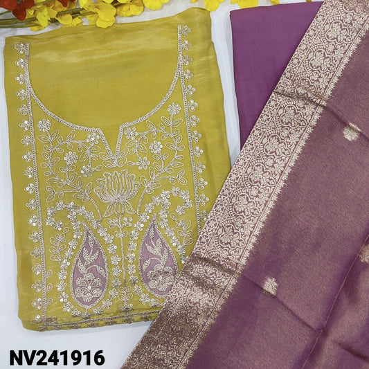 CODE NV241916 : Light mehandhi yellow with golden tint tissue organza silk unstitched salwar material, thread, zari& sequins work on yoke(shiny fabric, lining needed)purple santoon bottom, tissue organza dupatta with banarasi zari woven buttas& borders.