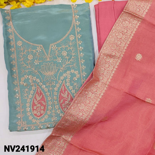 CODE NV241914 : Pastel blue with golden tint tissue organza silk unstitched salwar material, thread, zari& sequins work on yoke(shiny fabric, lining needed)pastel pink santoon bottom, tissue organza dupatta with banarasi zari woven buttas& borders.