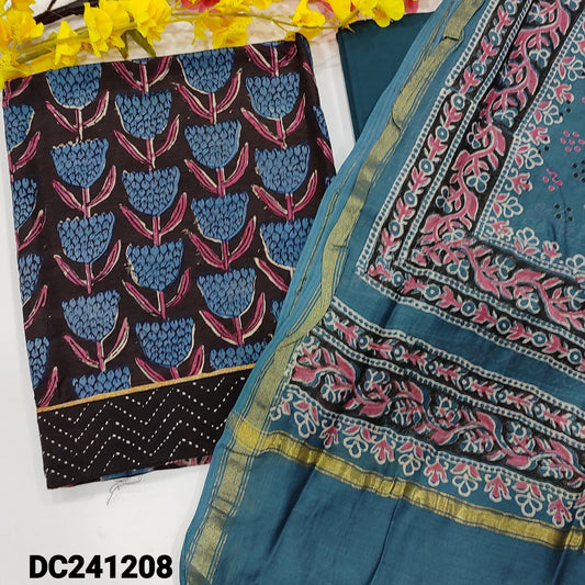 CODE DC241208 : Black base designer blue hand block printed pure Maheshwari silk unstitched salwar material(lining needed)blue pure cotton bottom, block printed maheshwari silk dupatta with tissue borders.