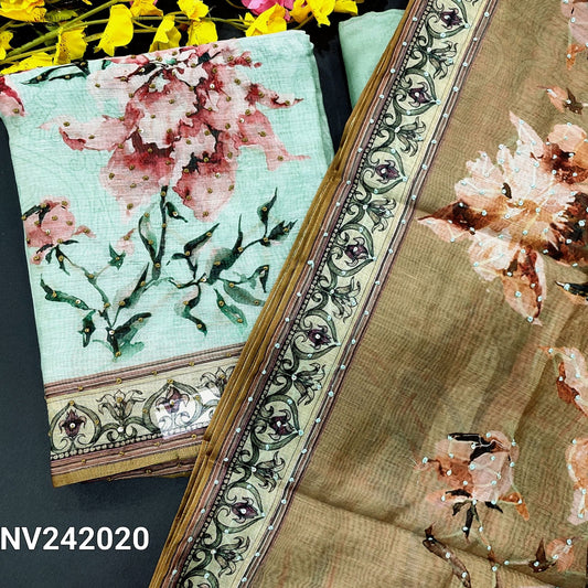 CODE NV242020 : Sea green digital printed silk cotton unstitched salwar material, thread &sequins work on yoke& front(thin fabric, lining needed)matching santoon bottom, printed silk cotton full length dupatta with rich hand embroidered.