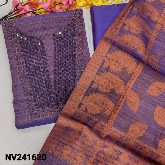 CODE NV241620 : Dark purple with golden tint tissue silk cotton unstitched salwar material, bead& sequins work on yoke(thin, lining needed)matching silk cotton bottom,soft tissue silk cotton dupatta with copper zari woven design.