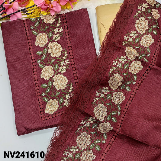 CODE NV241610 : Maroon fancy kota unstitched salwar material, cross stitch embroidered& lace work on yoke(netted fabric, lining needed)beige silky bottom, cross stitch embroidered fancy kota dupatta with lace work.