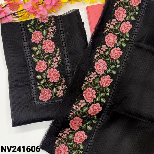 CODE NV241606 : Black fancy kota unstitched salwar material, cross stitch embroidered& lace work on yoke(netted fabric, lining needed)pink silky bottom, cross stitch embroidered fancy kota dupatta with lace work.