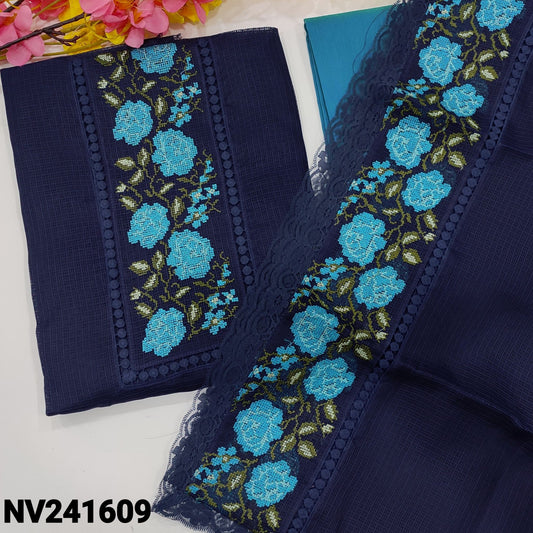 CODE NV241609 : Dark blue fancy kota unstitched salwar material, cross stitch embroidered& lace work on yoke(netted fabric, lining needed)Light blue silky bottom, cross stitch embroidered fancy kota dupatta with lace work.