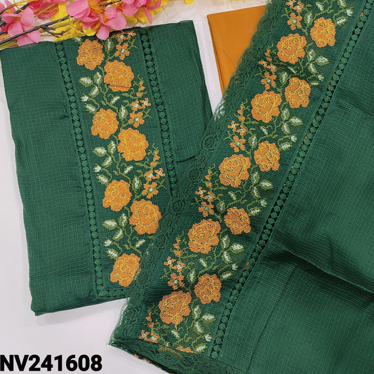 CODE NV241608 : Dark green fancy kota unstitched salwar material, cross stitch embroidered& lace work on yoke(netted fabric, lining needed)mehandhi yellow silky bottom, cross stitch embroidered fancy kota dupatta with lace work.