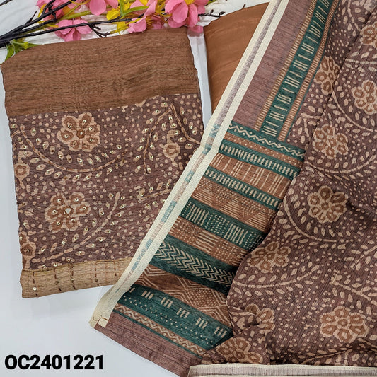 CODE NV2401221 : Light brown jute silk unstitched salwar material, printed, thread& sequins work on front(thin fabric, lining needed)matching silky fabric provided for both bottom& lining, digital printed jute silk dupatta.