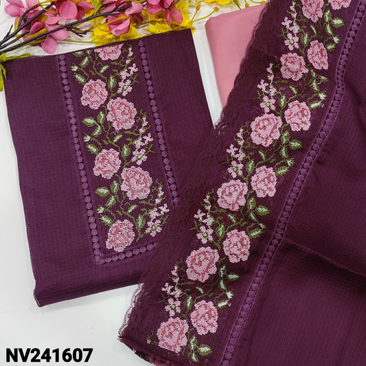 CODE NV241607 : Beetroot purple fancy kota unstitched salwar material, cross stitch embroidered& lace work on yoke(netted fabric, lining needed)pastel pink silky bottom, cross stitch embroidered fancy kota dupatta with lace work.