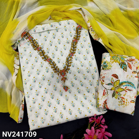 CODE NV241709 : White printed premium soft cotton unstitched salwar material, v neck with thread& bead work(lining needed)printed pure cotton bottom, shibori dyed fancy chiffon dupatta with tapings.