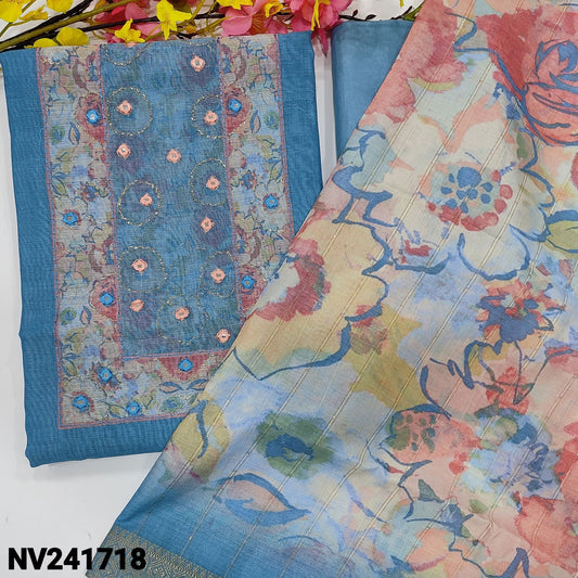 CODE NV241718 : Powder blue digital printed silk cotton unstitched salwar material, real mirror &zari work on yoke(thin fabric, lining needed)matching santoon bottom, printed silk cotton dupatta with sequins& zari woven borders.