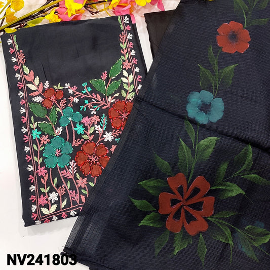 CODE NV241803 : Black fancy silk cotton unstitched salwar material, brush paint& thread embroidered on yoke(lining optional)matching silky bottom, brush painted fancy kota dupatta.