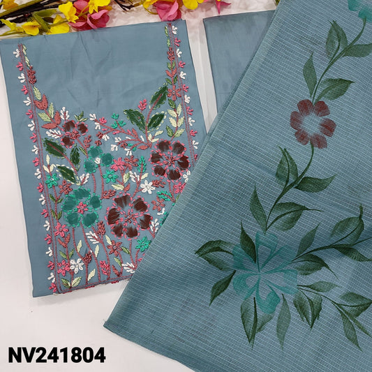 CODE NV241804 :  Light bluish grey fancy silk cotton unstitched salwar material, brush paint& thread embroidered on yoke(lining optional)matching silky bottom, brush painted fancy kota dupatta.