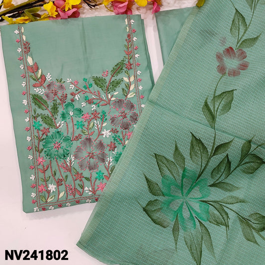 CODE NV241802 : Pastel blue fancy silk cotton unstitched salwar material, brush paint& thread embroidered on yoke(lining optional)matching silky bottom, brush painted fancy kota dupatta.