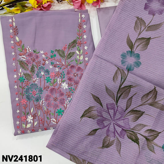 CODE NV241801 : Lavender fancy silk cotton unstitched salwar material, brush paint& thread embroidered on yoke(lining optional)matching silky bottom, brush painted fancy kota dupatta.