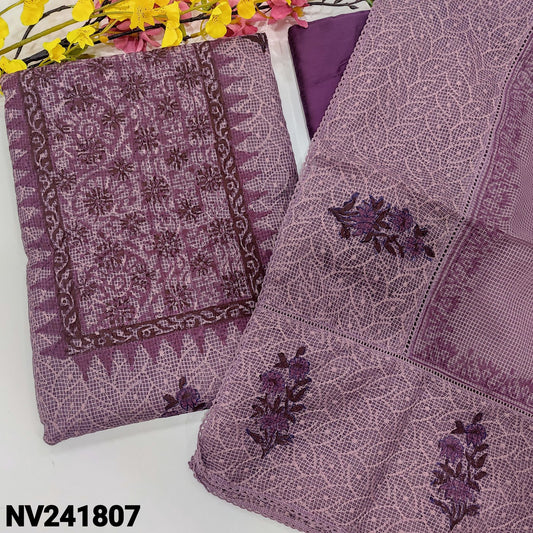 CODE NV241807 : Mauve block printed fancy kota unstitched salwar material, self embroidered on front(netted fabric, lining needed)dark purple silk cotton bottom, block printed fancy super net dupatta with crochet lace work.