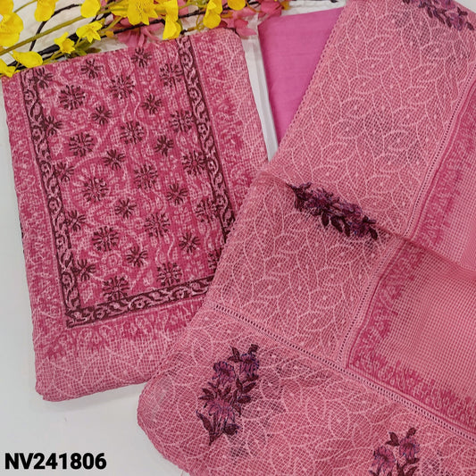 CODE NV241806 : Bright pink block printed fancy kota unstitched salwar material, self embroidered on front(netted fabric, lining needed)pink silk cotton bottom, block printed fancy super net dupatta with crochet lace work.